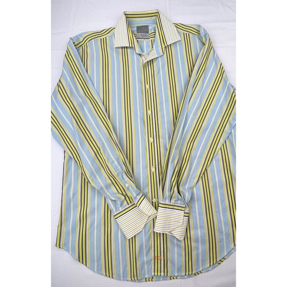 Thomas Dean Mens Multicolor Striped Flip Cuff Long Sleeve Button Up Shirt Size L
